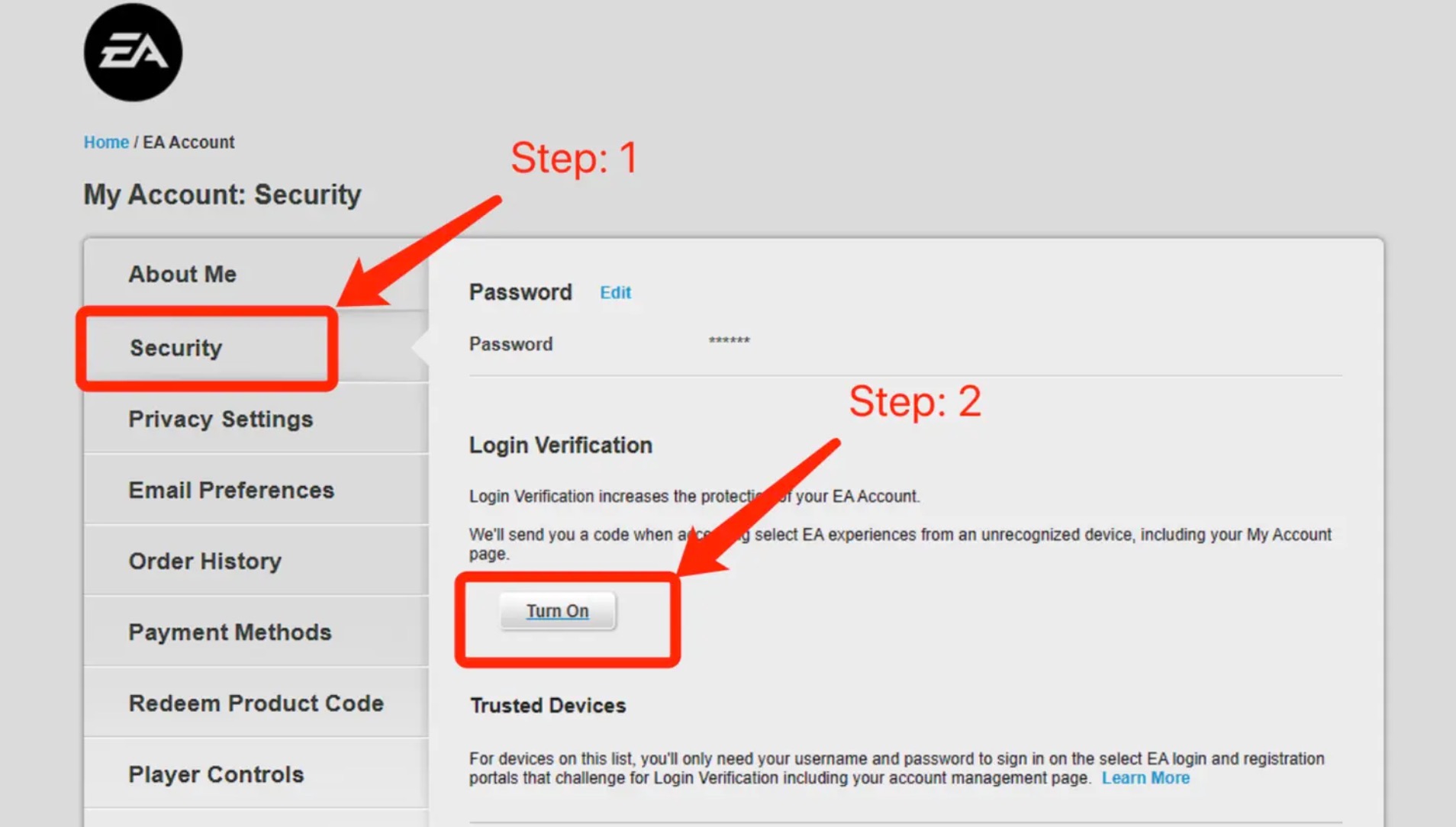 EA Account security settings page showing steps to enable Login Verification: Step 1 select 'Security', Step 2 click 'Turn On' under Login Verification.