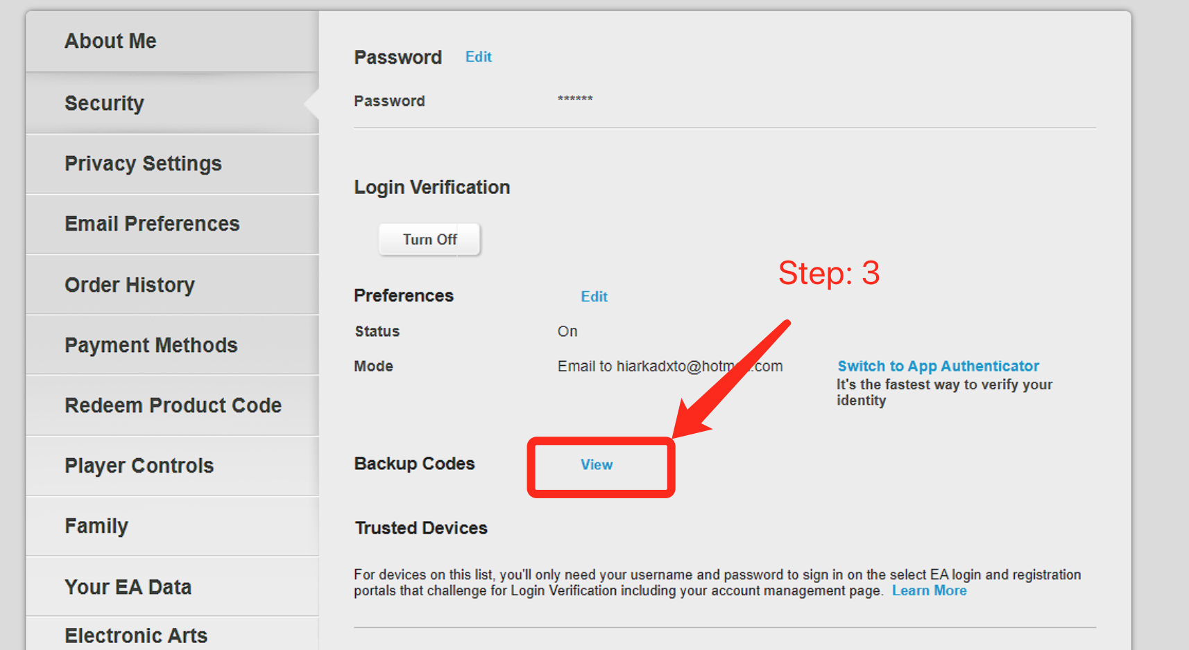 EA Account security settings page showing Login Verification enabled. Step 3 highlights 'View' button for Backup Codes. Options for email verification and app authenticator are visible.