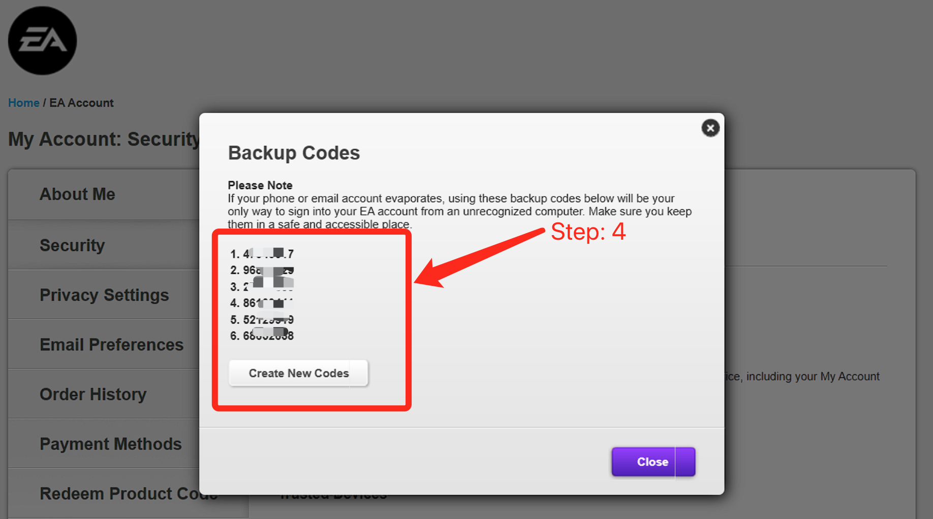 EA Account security page showing Backup Codes popup. Step 4 highlights the list of 6 backup codes and 'Create New Codes' button. Warning message about code importance is visible